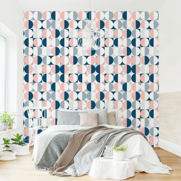 Papier peint - Semicircle Pattern In Blue With Light Pink