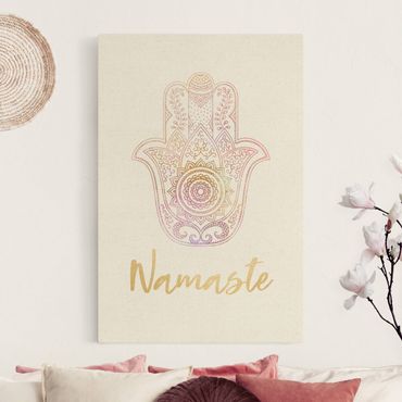 Tableau sur toile naturel - Hamsa Hand Illustration Namaste Gold Light Pink - Format portrait 2:3