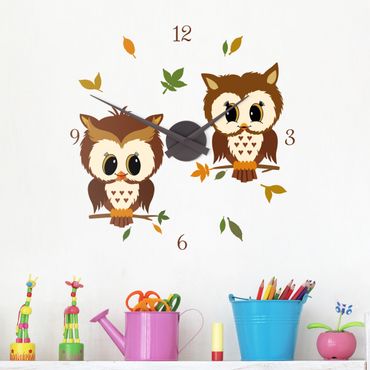 Sticker mural horloge - autumn owls