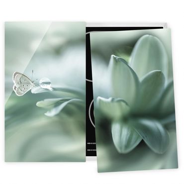 Cache plaques de cuisson en verre - Butterfly And Dew Drops In Pastel Green