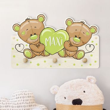 Porte-manteau enfant - Heart Bears With Customised Name Green
