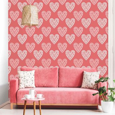 Papier peint - Hearts With Flower Pattern In Red