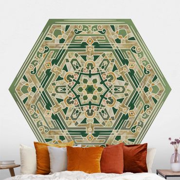 Papier peint hexagonal autocollant avec dessins - Hexagonal Mandala In Green With Gold