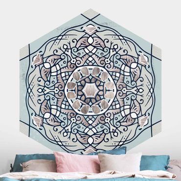 Papier peint hexagonal autocollant avec dessins - Hexagonal Mandala In Light Blue
