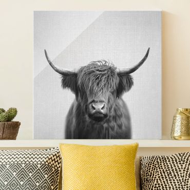 Tableau en verre - Highland Cow Harry Black And White