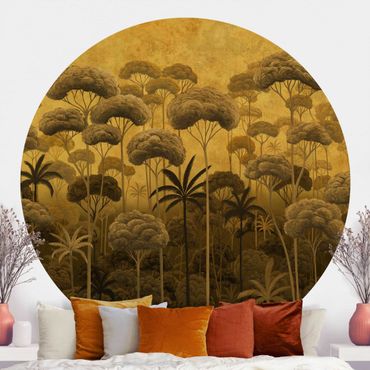 Papier peint rond autocollant - Grands arbres dans la jungle en tons dorés