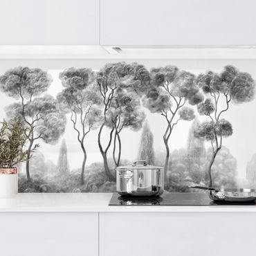 Revêtement cuisine - Grands arbres en noir et blanc