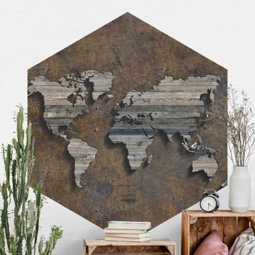 Papier peint panoramique hexagonal autocollant - Wooden Grid World Map