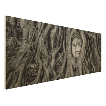 Tableau en bois - Buddha In Ayutthaya Lined From Tree Roots In Black And White
