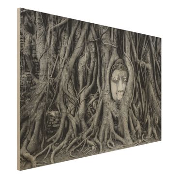 Tableau en bois - Buddha In Ayutthaya Lined From Tree Roots In Black And White