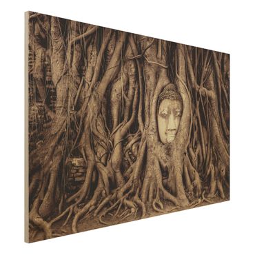 Tableau en bois - Buddha In Ayutthaya Lined From Tree Roots In Brown