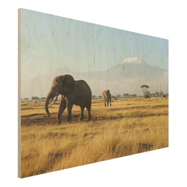 Tableau en bois - Elephants In Front Of The Kilimanjaro In Kenya