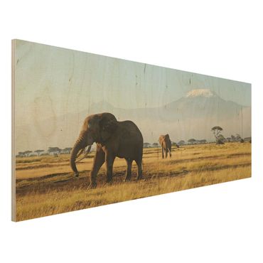 Tableau en bois - Elephants In Front Of The Kilimanjaro In Kenya