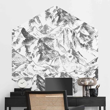 Papier peint hexagonal autocollant avec dessins - Illustration Mountain Landscape Grey
