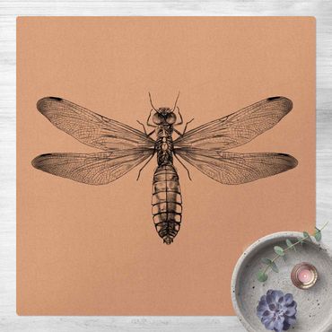 Tapis en liège - Illustration Flying Dragonfly Black - Carré 1:1