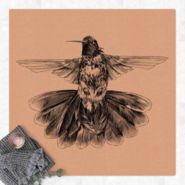 Tapis en liège - Illustration Flying Hummingbird Black - Carré 1:1