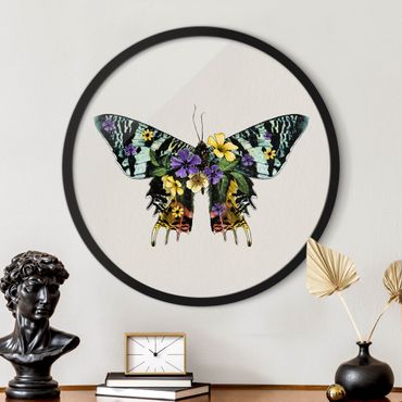 Tableau rond encadré - Illustration Floral Madagascan Butterfly