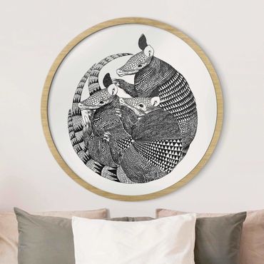 Tableau rond encadré - Illustration Armadillo Black And White Pattern