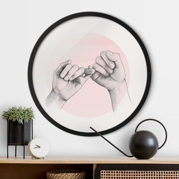 Tableau rond encadré - Illustration Hands Friendship Circle Pink White