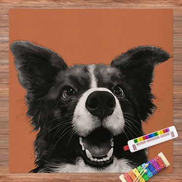 Tapis en liège - Illustration Dog Border Collie Black And White Painting - Carré 1:1
