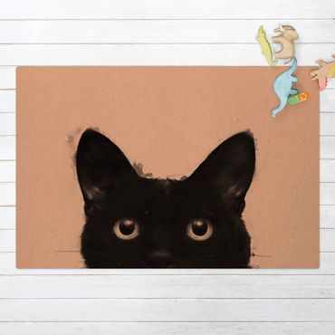 Tapis en liège - Illustration Black Cat On White Painting - Format paysage 3:2