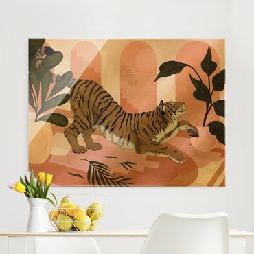 Tableau en verre - Illustration Tiger In Pastel Pink Painting - Format paysage