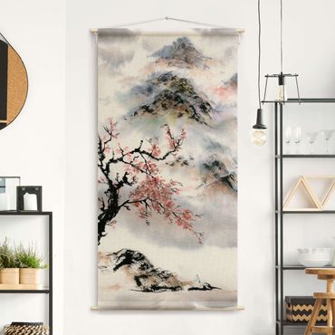 Tenture murale - Japanese Watercolour Drawing Cherry Tree And Mountain