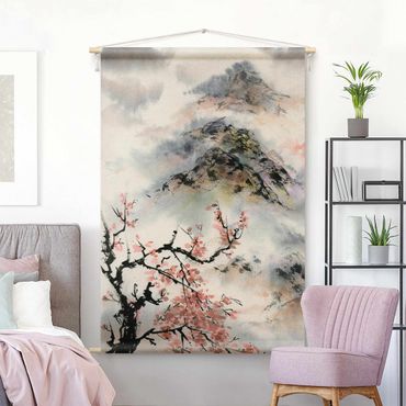 Tenture murale - Japanese Watercolour Drawing Cherry Tree And Mountain
