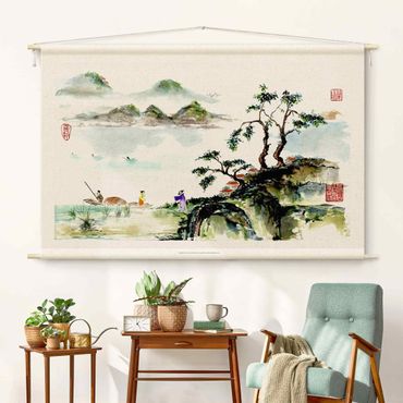 Tenture murale - Japanese Watercolour Drawing Lake And Mountains