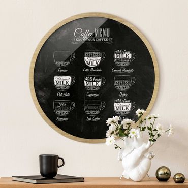 Tableau rond encadré - Coffee Varieties Chalkboard