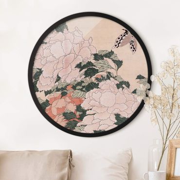 Tableau rond encadré - Katsushika Hokusai - Pink Peonies With Butterfly