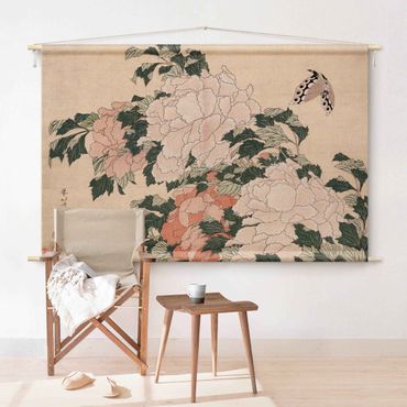 Tenture murale - Katsushika Hokusai - Pink Peonies With Butterfly