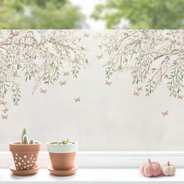Décoration pour fenêtre - Les fleurs de cerisier dans le jeu d'ailes des papillons