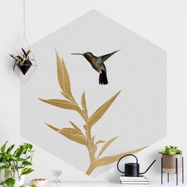 Papier peint hexagonal autocollant avec dessins - Hummingbird And Tropical Golden Blossom II