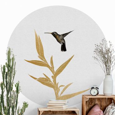 Papier peint rond autocollant - Hummingbird And Tropical Golden Blossom II