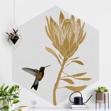 Papier peint hexagonal autocollant avec dessins - Hummingbird And Tropical Golden Blossom