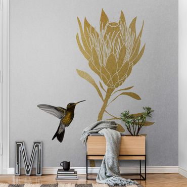 Metallic wallpaper - Hummingbird And Tropical Golden Blossom