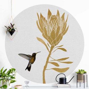 Papier peint rond autocollant - Hummingbird And Tropical Golden Blossom