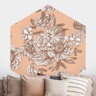 Papier peint hexagonal autocollant avec dessins - Copper Engraving Flower Bouquet