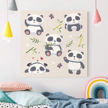 Tableau sur toile naturel - Cuddly Pandas - Carré 1:1