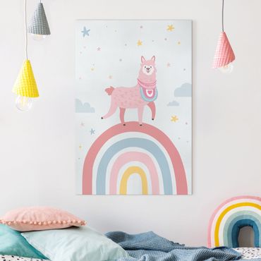 Tableau sur toile - Lama On Rainbow With Stars And Dots