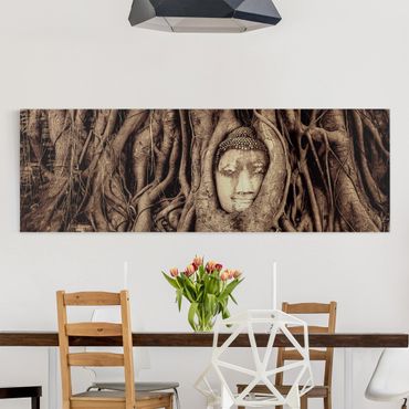 Impression sur toile - Buddha In Ayutthaya Lined From Tree Roots In Black And White