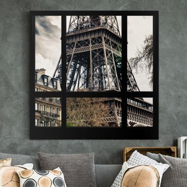 Impression sur toile - Window view Paris - Near the Eiffel Tower black and white