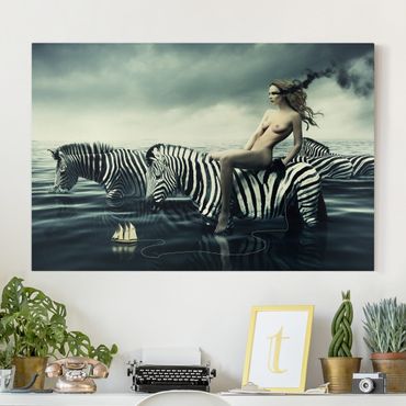 Impression sur toile - Woman Posing With Zebras
