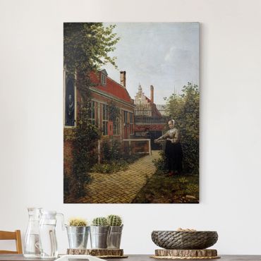 Impression sur toile - Pieter de Hooch - Woman with Basket of Beans in the Kitchen Garden