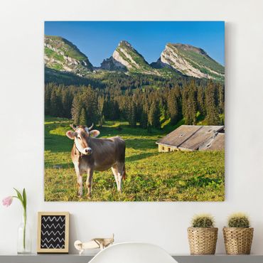 Impression sur toile - Swiss Alpine Meadow With Cow