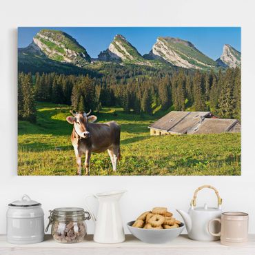Impression sur toile - Swiss Alpine Meadow With Cow