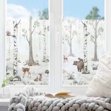 Décoration pour fenêtre - Forêt blanche et silencieuse avec des animaux