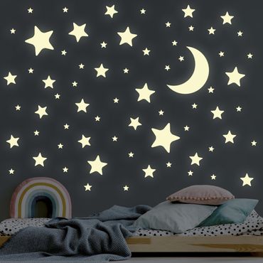 Sticker mural phosphorescent - Light-wall tattoo Kit moon And stars Set