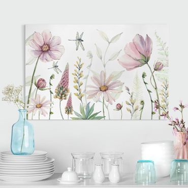 Impression sur toile - Libellules dans des fleurs magnifiques - Format paysage 3:2